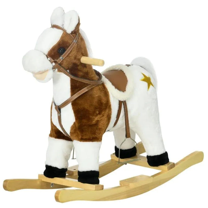 Brown and white kids rocking horse with cowboy saddle, star detail, and wooden base