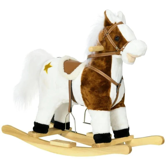 Kids brown and white cowboy rocking horse with star detail and wooden base