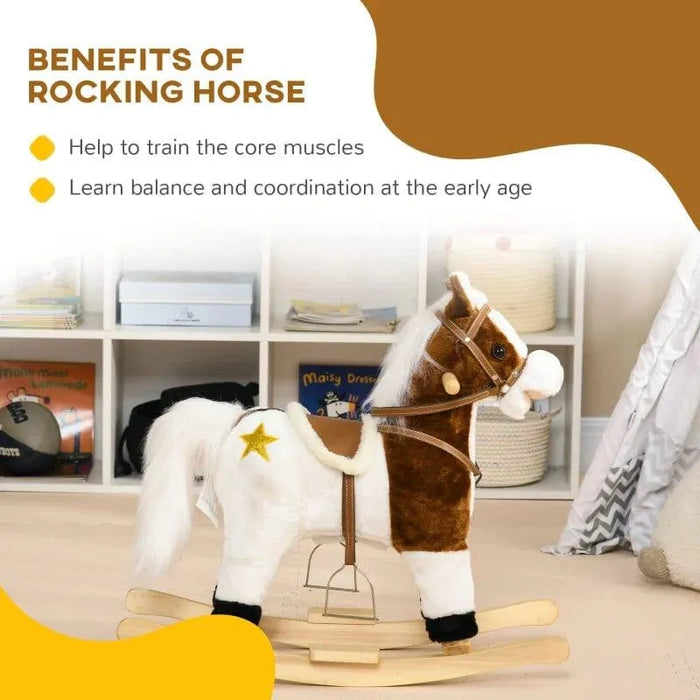 Brown and white cowboy-themed kids rocking horse toy with a star, in a playroom setting.
