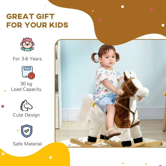 Toddler riding a brown and white cowboy-themed kids rocking horse indoors.