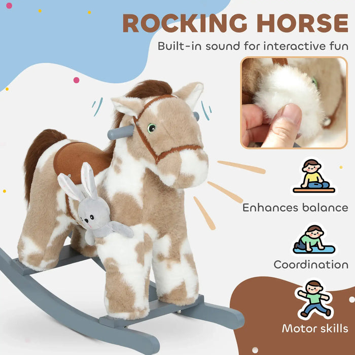 Kids Rocking Horse - Brown | Plush Ride-On Pony - Sounds, Wooden Base and Bonus Teddy AIYAPLAY - Little and Giant Explorers