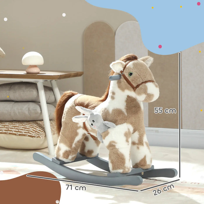 Kids Rocking Horse - Brown | Plush Ride-On Pony - Sounds, Wooden Base and Bonus Teddy AIYAPLAY - Little and Giant Explorers