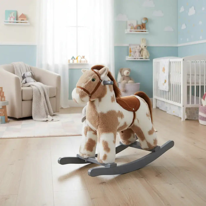 Kids Rocking Horse - Brown | Plush Ride-On Pony - Sounds, Wooden Base and Bonus Teddy AIYAPLAY - Little and Giant Explorers