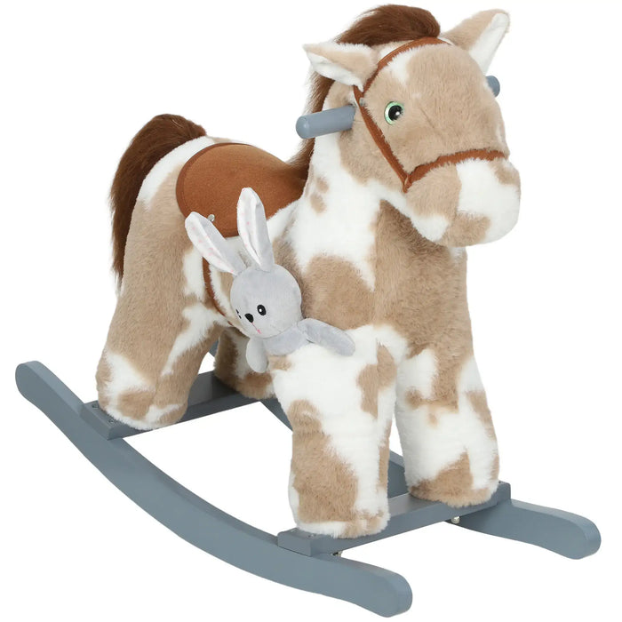 Kids Rocking Horse - Brown | Plush Ride-On Pony - Sounds, Wooden Base and Bonus Teddy AIYAPLAY - Little and Giant Explorers