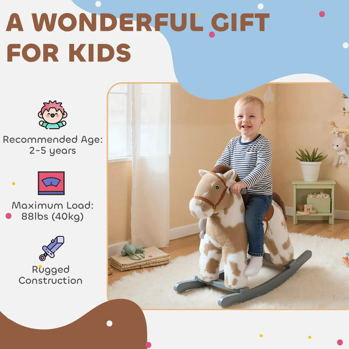 Kids Rocking Horse - Brown | Plush Ride-On Pony - Sounds, Wooden Base and Bonus Teddy AIYAPLAY - Little and Giant Explorers