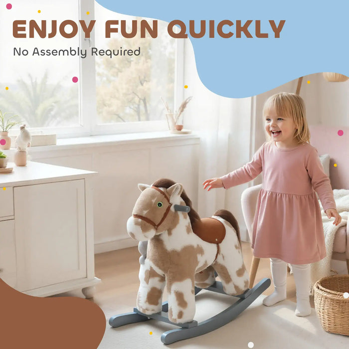 Kids Rocking Horse - Brown | Plush Ride-On Pony - Sounds, Wooden Base and Bonus Teddy AIYAPLAY - Little and Giant Explorers
