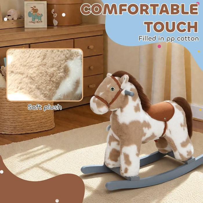 Kids Rocking Horse - Brown | Plush Ride-On Pony - Sounds, Wooden Base and Bonus Teddy AIYAPLAY - Little and Giant Explorers