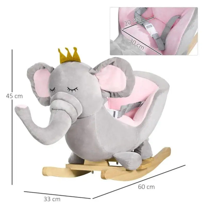Grey elephant kids rocking horse with pink seat, safety harness, and measurement labels