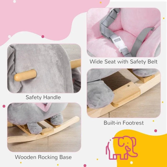Grey elephant kids rocking horse with safety handle, seat belt, footrest, and wooden base