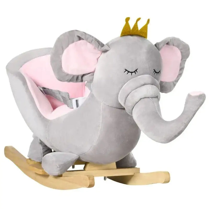 Grey elephant kids rocking horse with pink accents and a golden crown on wooden base