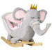 Grey elephant kids rocking horse with pink accents and a golden crown on wooden base