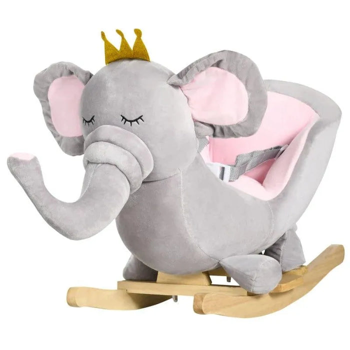 Kids grey elephant rocking horse with crown, pink seat, and wooden rockers
