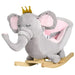 Kids grey elephant rocking horse with crown, pink seat, and wooden rockers