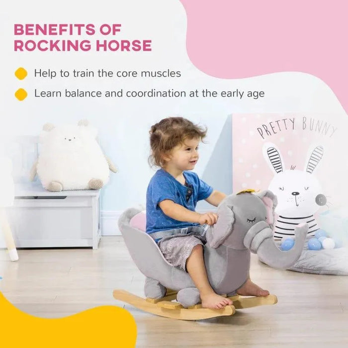 Toddler riding grey elephant rocking horse toy in nursery with educational benefits highlighted
