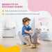 Toddler riding grey elephant rocking horse toy in nursery with educational benefits highlighted