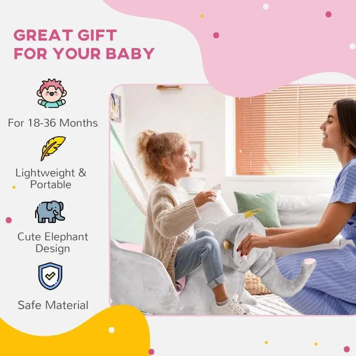 Child rides grey elephant rocking horse indoors with parent, gift and safety features shown