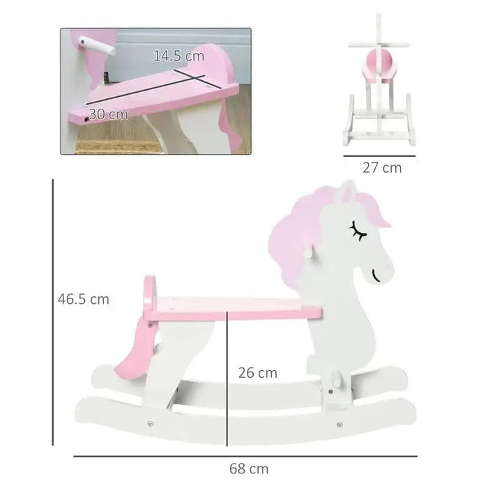 Pink and white unicorn kids rocking horse, compact pinewood design with size dimensions shown