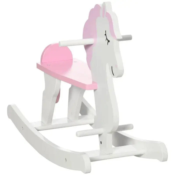 Pink and white kids unicorn rocking horse with pinewood design on white background