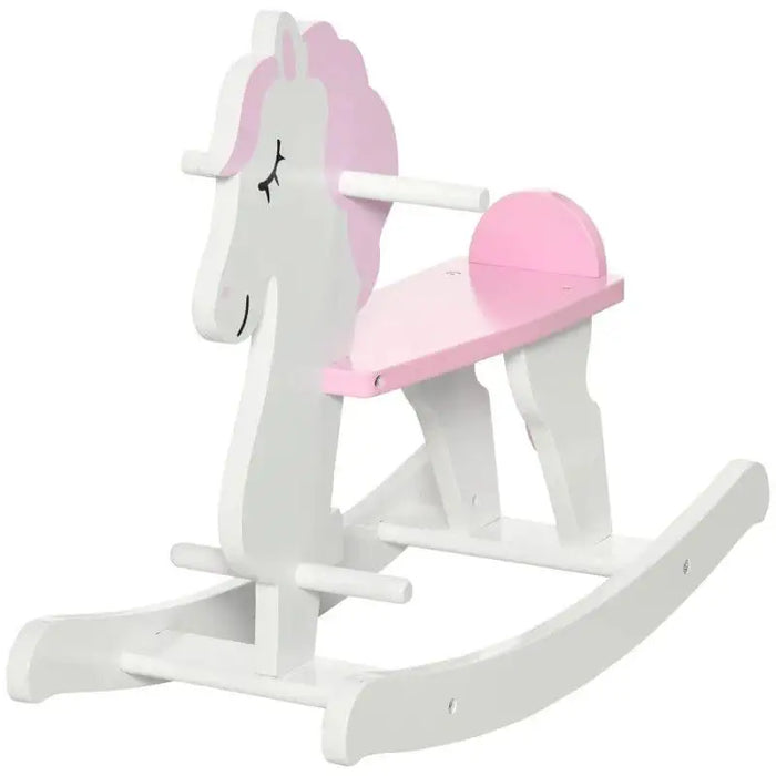 Pink and white unicorn kids rocking horse, compact pinewood design, side view