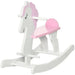 Pink and white unicorn kids rocking horse, compact pinewood design, side view