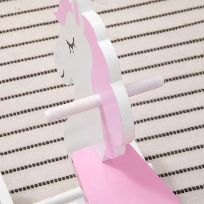 Pink and white unicorn kids rocking horse on striped rug, pinewood design, HOMCOM