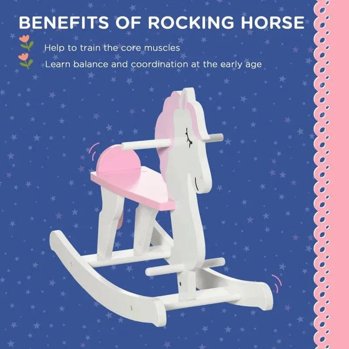 Pink and white unicorn kids rocking horse on star pattern background, benefits listed above.
