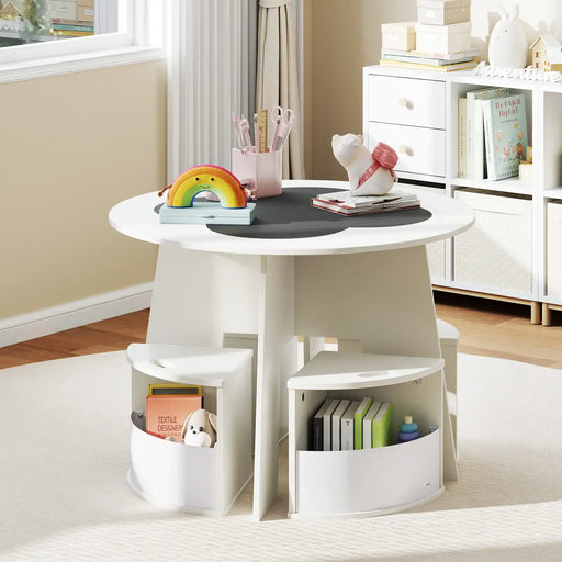 Kids Round Table and Stool Set – White | 5-Piece Nesting Design with Built-In Storage COSTWAY - Little and Giant Explorers Costway