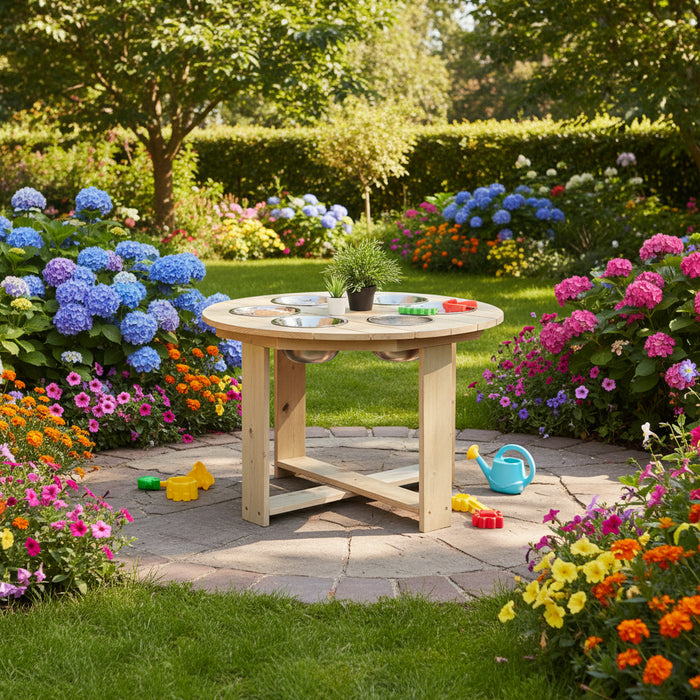 Kids Sand and Water Play Round Table | Natural Wood with Stainless Steel Bowls - Little and Giant Explorers Classic World