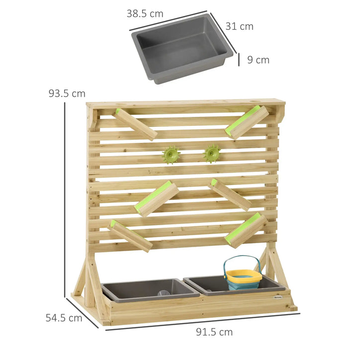 Kids wooden sand and water playset with dual sinks, waterfall feature, and size dimensions shown