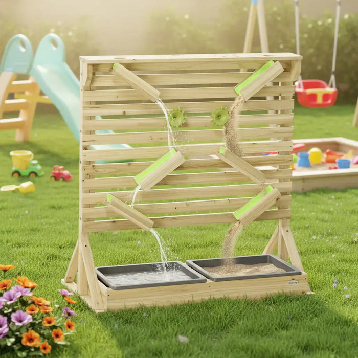 Wooden kids sand and water playset with dual sinks and waterfall feature outdoors