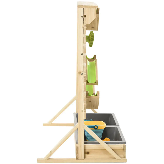 Side view of kids wooden sand and water playset with dual sinks and green waterfall feature