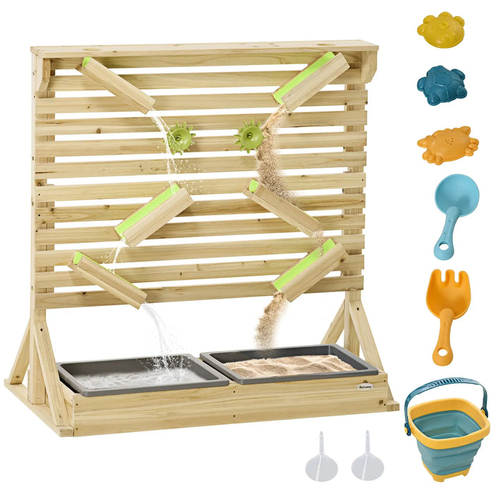 Wooden kids sand and water playset outdoor activity table with bins, tools, and waterfall ramp.