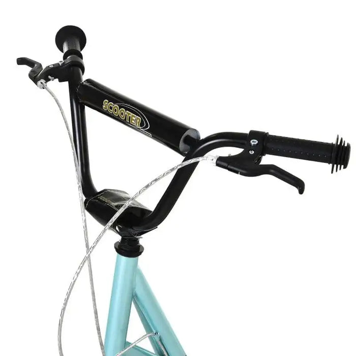 Blue kids scooter with black adjustable handlebar and dual brakes, close-up view