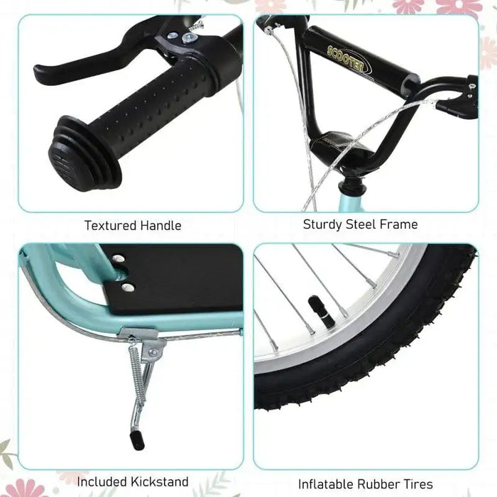 Kids scooter features textured handle, sturdy steel frame, kickstand, and inflatable rubber tires.