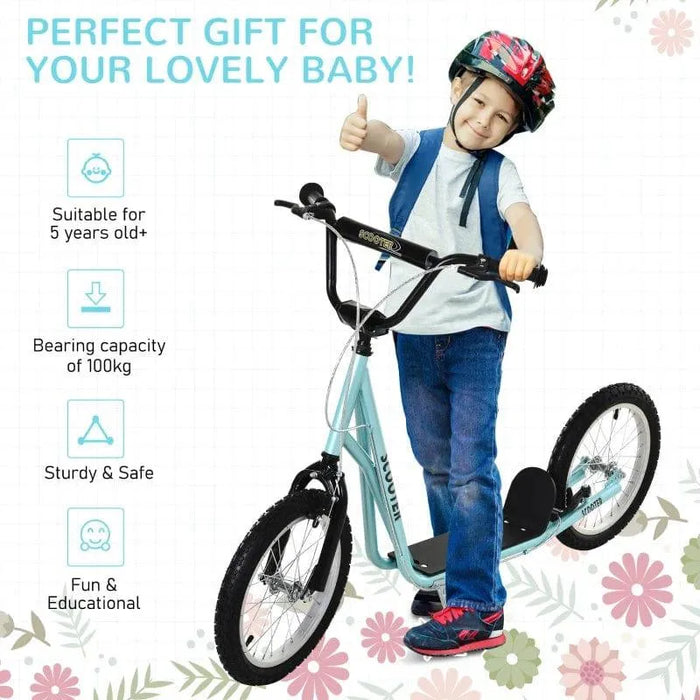 Smiling child in helmet poses with blue kids scooter featuring adjustable handlebar and dual brakes.