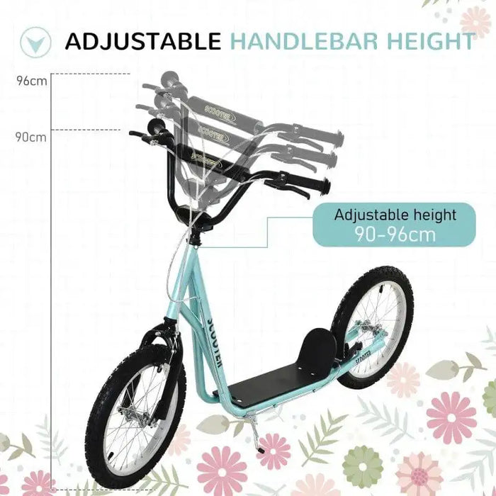 Blue and black kids scooter with adjustable handlebar height 90-96cm, dual brakes, floral background.