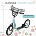 Blue and black kids scooter with adjustable handlebar height 90-96cm, dual brakes, floral background.