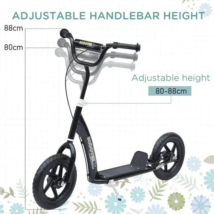 Black kids scooter with adjustable handlebar height, wide deck, and EVA wheels, 80-88cm.