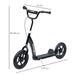Black kids scooter with adjustable height, wide deck, EVA wheels, and measurements shown