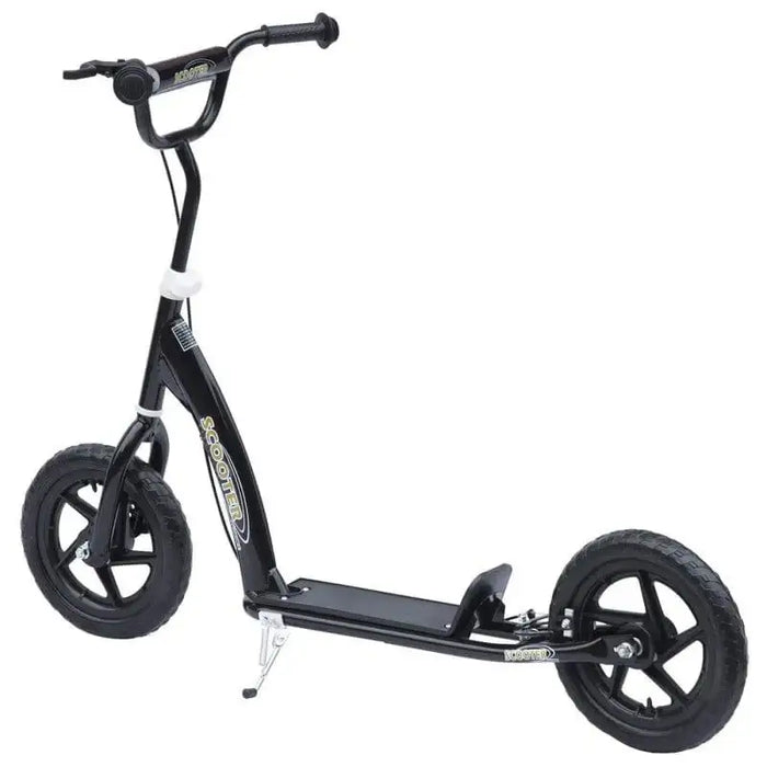 Black kids scooter with adjustable height, wide deck, and EVA wheels on white background