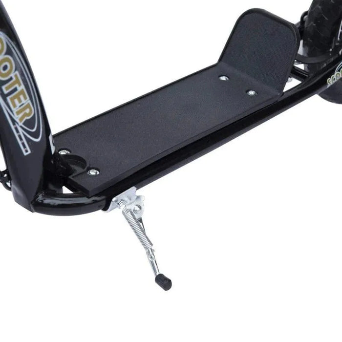 Black kids scooter wide deck with kickstand and EVA wheels close up