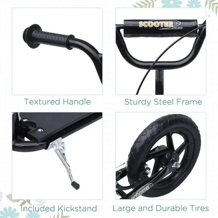 Kids black scooter with textured handle, sturdy steel frame, kickstand, and large durable tires