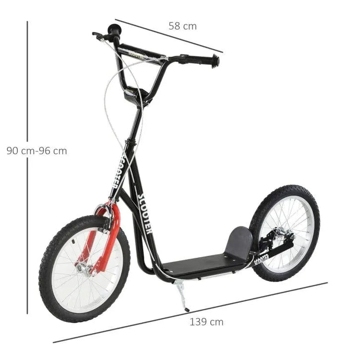Black kids scooter with big wheels, adjustable handlebar, dual brakes, and size labels