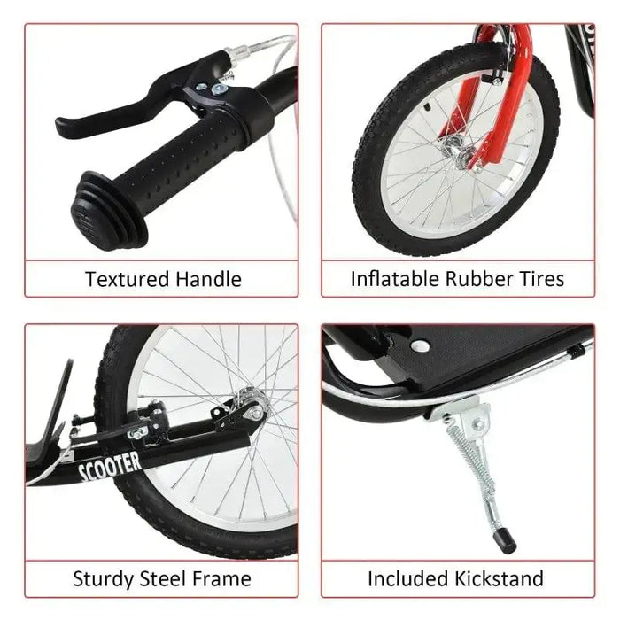 Kids scooter details featuring textured handle, inflatable rubber tires, steel frame, and kickstand.