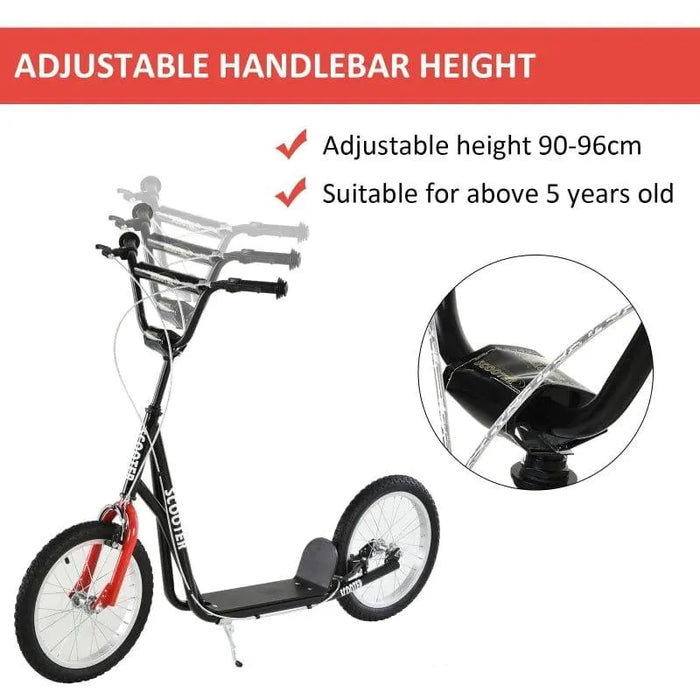 Kids scooter with big wheels, black frame, adjustable handlebar, and dual brakes