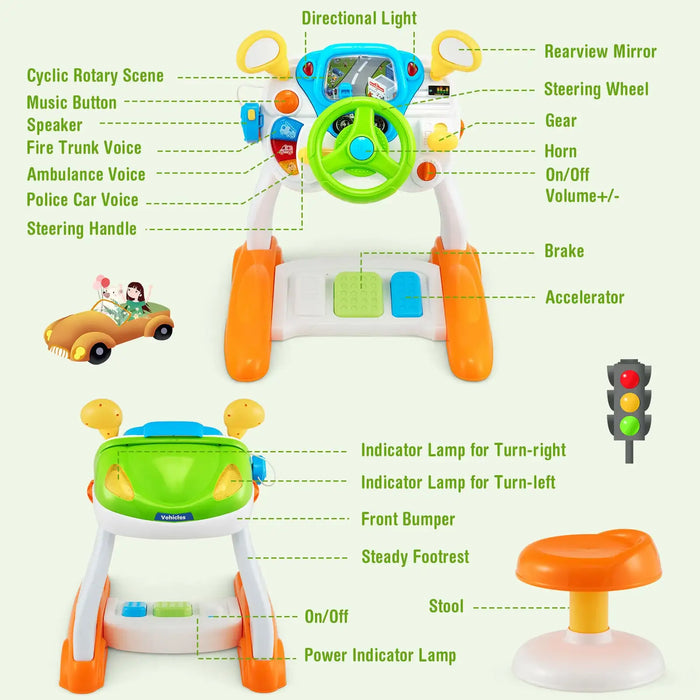 Kids Simulated Steering Wheel Driving Toy | Interactive 2-in-1 Ride-On with Stool COSTWAY - Little and Giant Explorers Costway