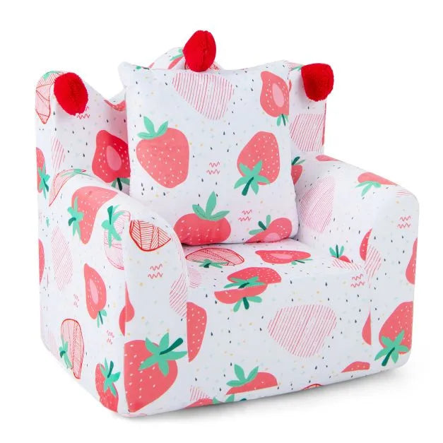 Kids Sofa Armchair with Pillow - Strawberry Design | Velvet Toddler Chair COSTWAY - Little and Giant Explorers Costway