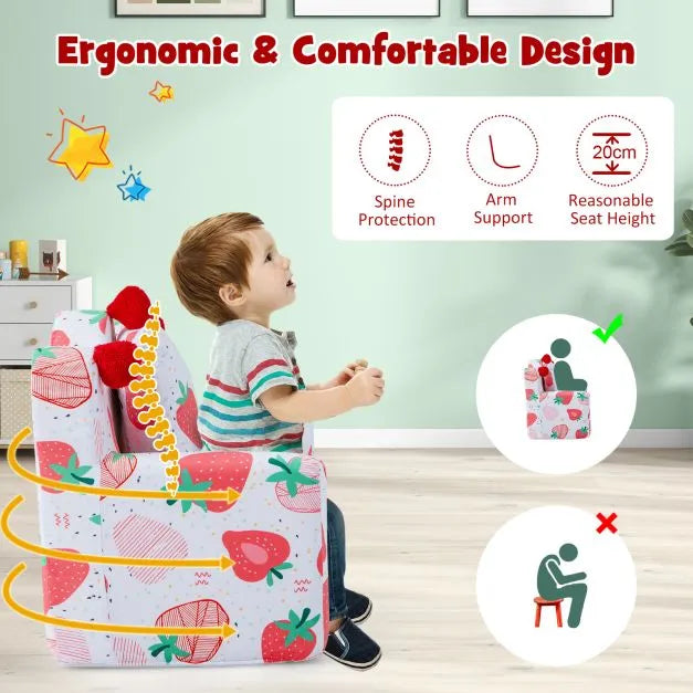 Kids Sofa Armchair with Pillow - Strawberry Design | Velvet Toddler Chair COSTWAY - Little and Giant Explorers Costway