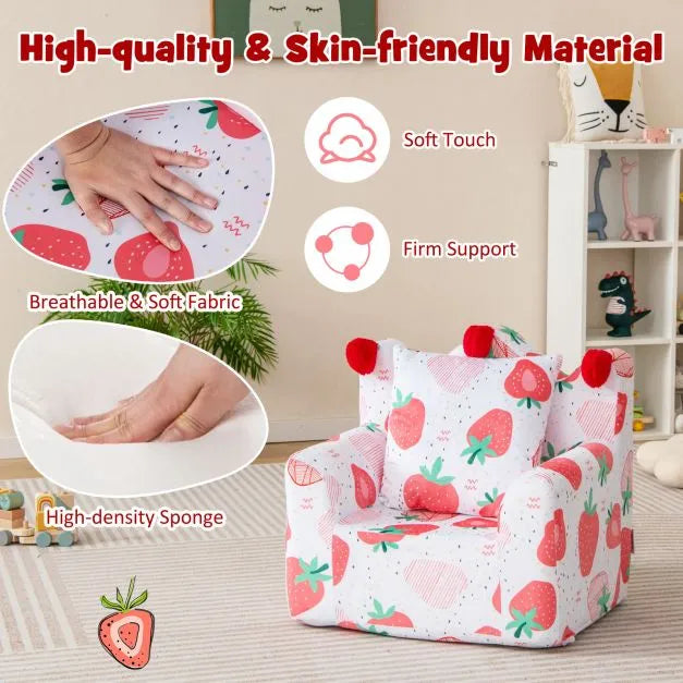 Kids Sofa Armchair with Pillow - Strawberry Design | Velvet Toddler Chair COSTWAY - Little and Giant Explorers Costway