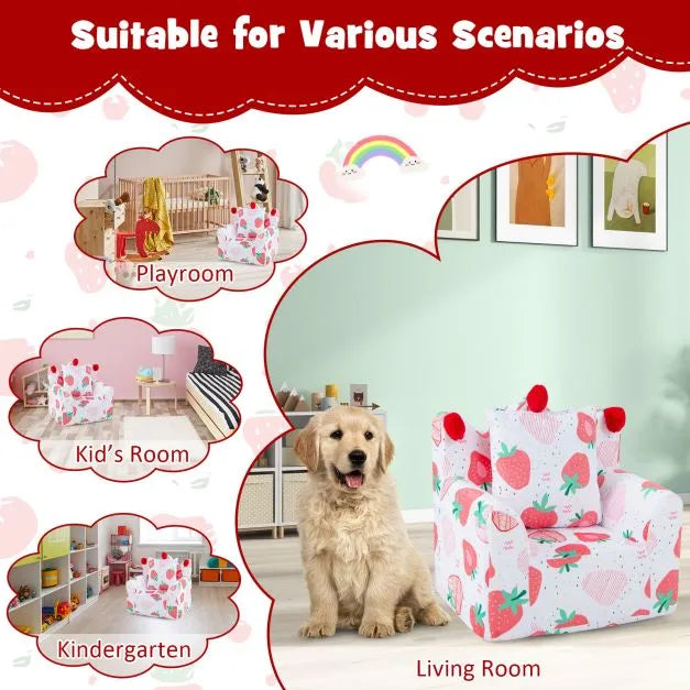 Kids Sofa Armchair with Pillow - Strawberry Design | Velvet Toddler Chair COSTWAY - Little and Giant Explorers Costway